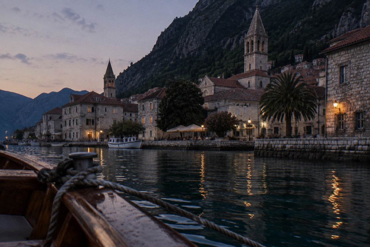 Kotor Old Town and the Bay of Kotor at dusk